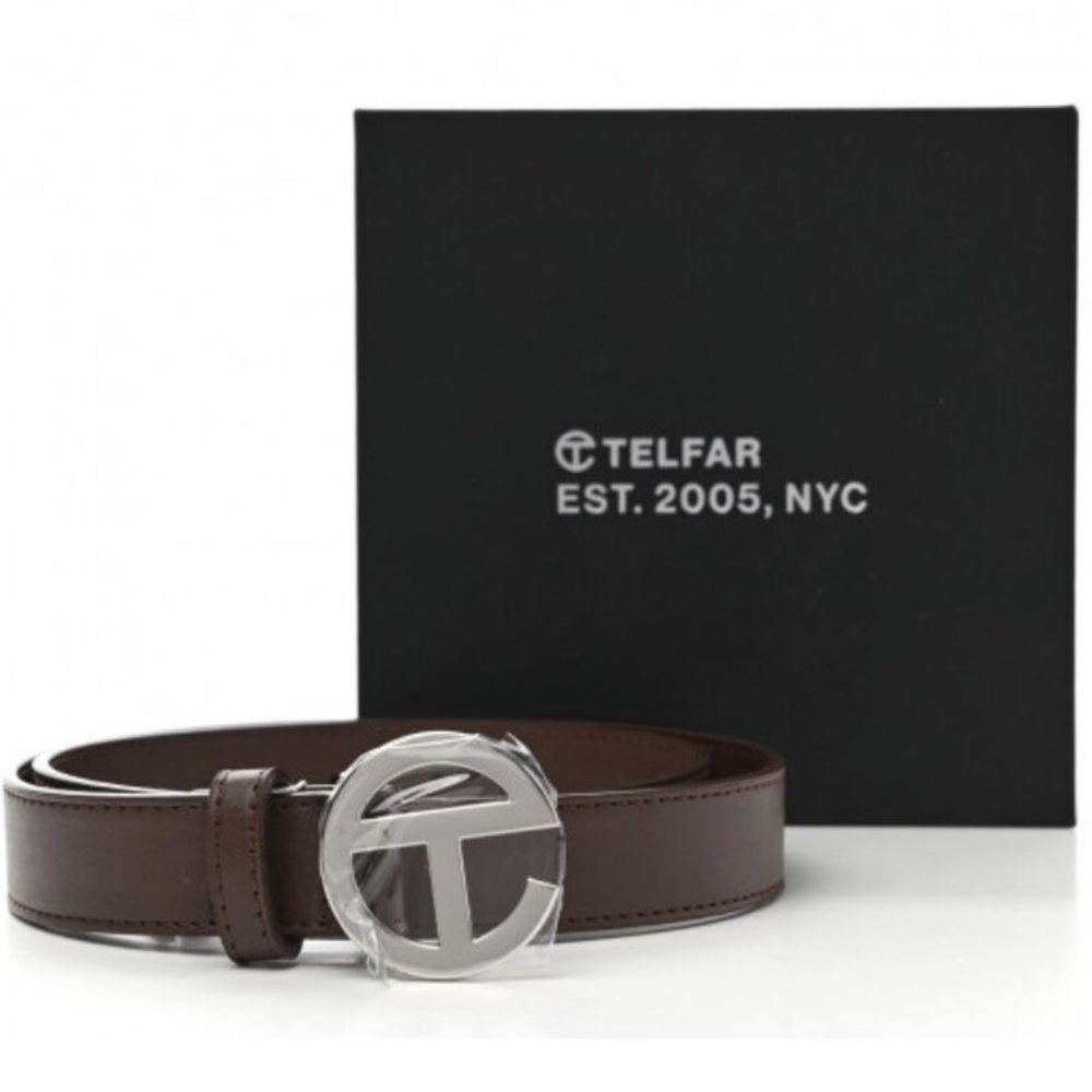 Telfar Brown Vegan Leather Belt with Silver Logo